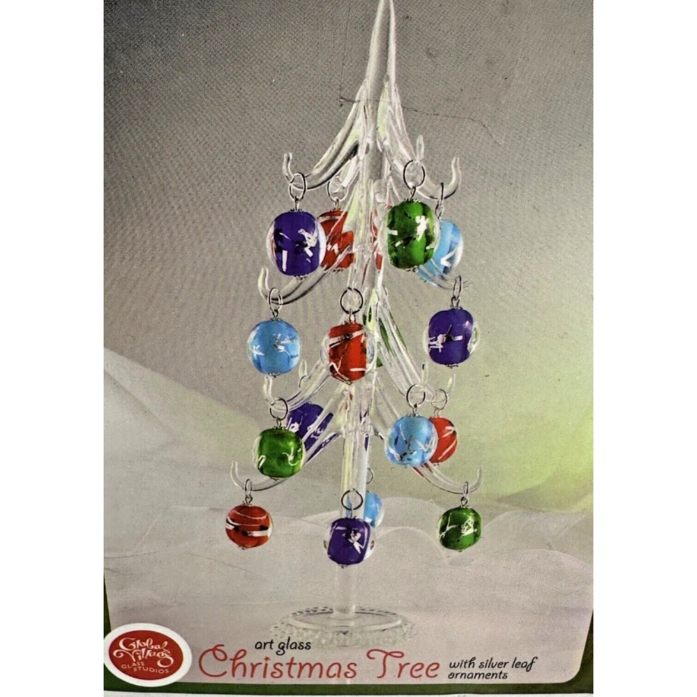 Art Glass Christmas Tree Silver Leaf Ornaments 8 3/4" tall New Global Village